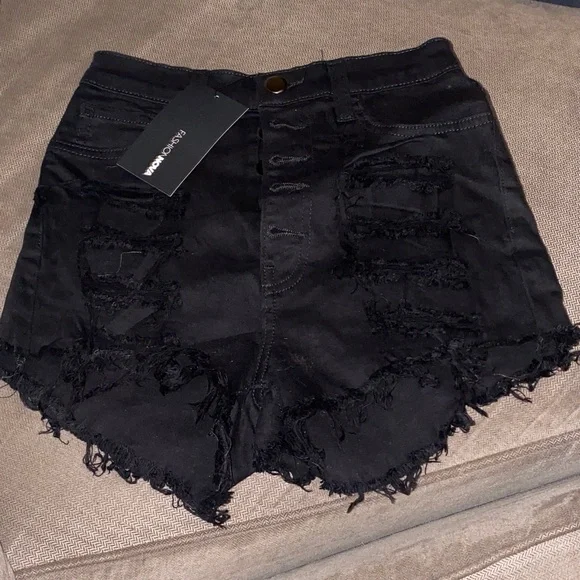 Fashion Nova Black High-Waist Distressed Denim Shorts - Picture 1 of 5